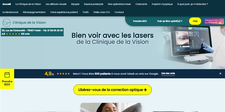 Page d’accueil du site Clinique de la Vision